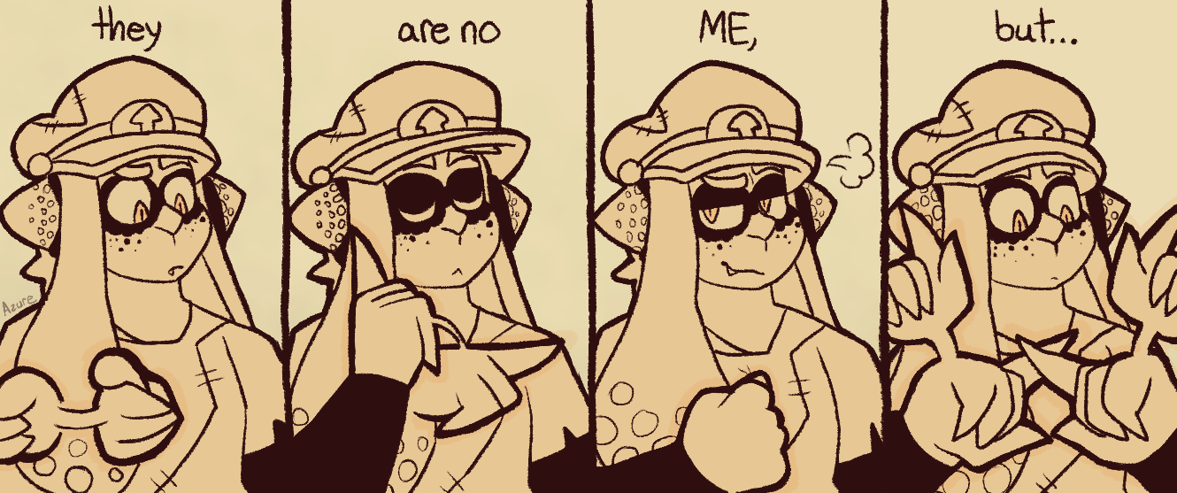 Splatoon 3 fanart of Captain 3 using sign language. It shows them signing with four panels, with text above them saying the meaning of their corresponding signs: 'They are no ME, but...'