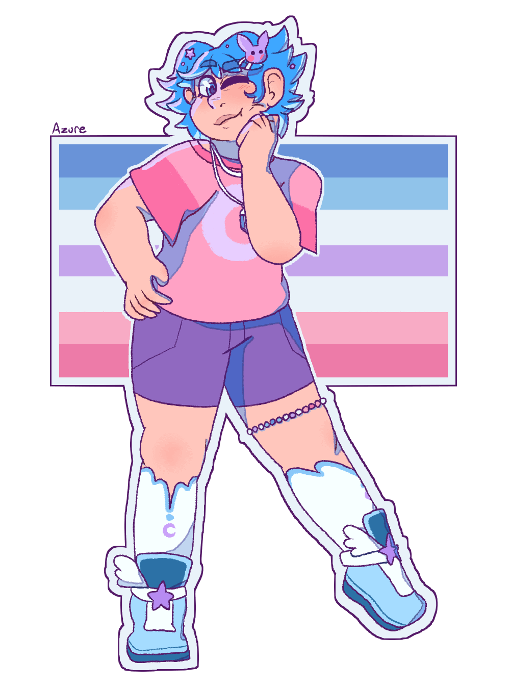 Art of a person with blue hair, star and bunny-themed hair accessories, a crystal necklace, a moon shirt, shorts, a bigender pride bracelet around her thigh, high socks with a blue trim and a moon in front of it, and shoes with a star in the front, and wings on the sides. It is done in bigender pride flag colors, with the exception of the skin tone. He is posing with one leg out, and one hand to his face, squishing her cheek slightly as she winks. There is a bigender pride flag in the background.