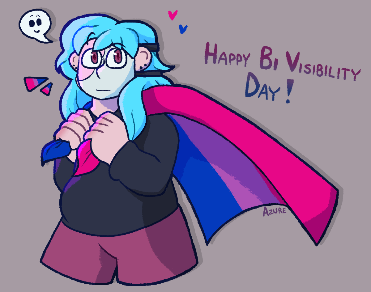 Sally Face fanart of Sal holding the bisexual flag, letting it flow behind him like a cape. Text next to him reads, 'Happy bi visibility day!'