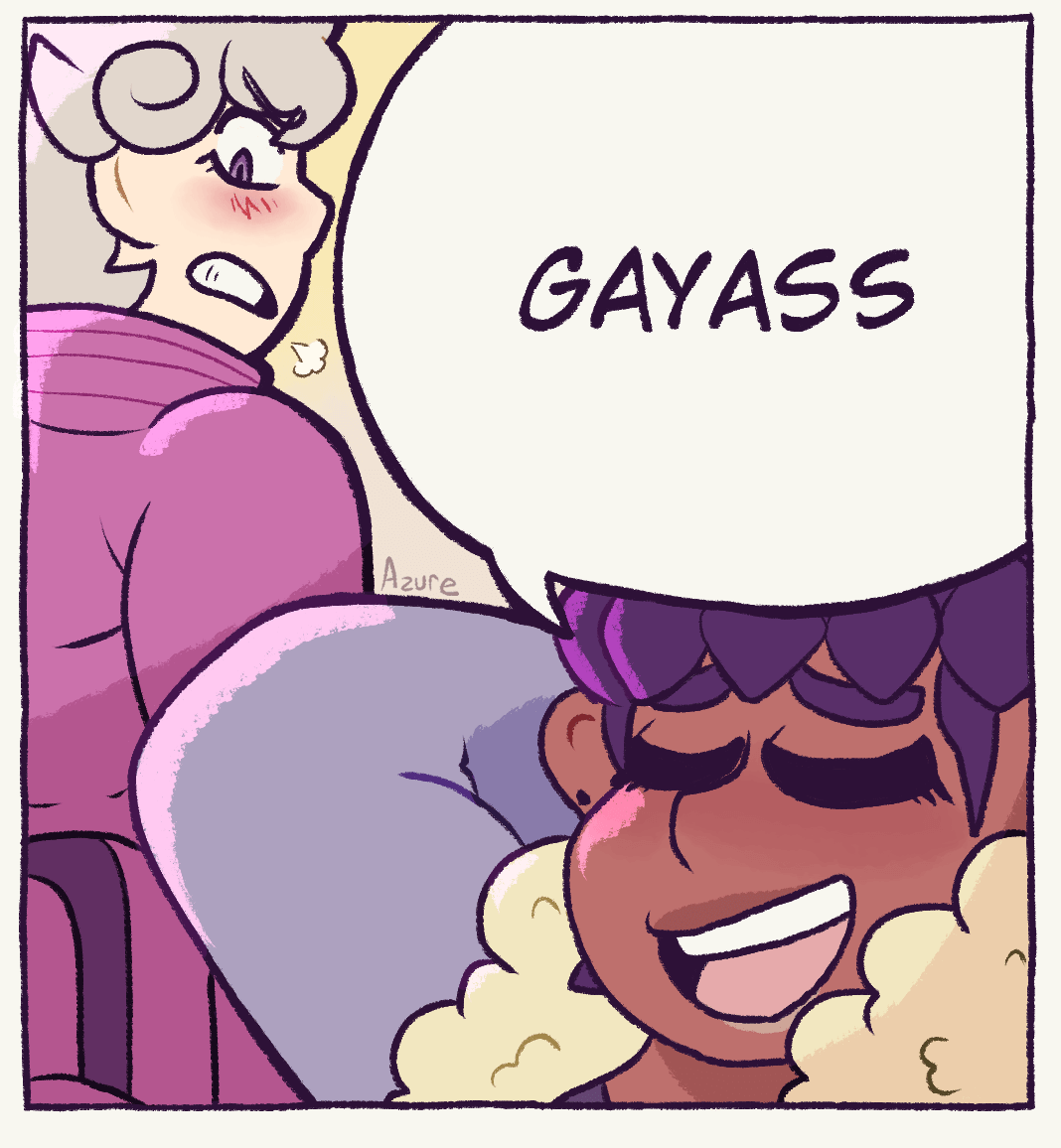 Fanart of Hop and Bede from Pokemon. Hop sits in the forefront, with his hands behind his head, saying, 'Gayass'. Bede is looking over his shoulder angrily.