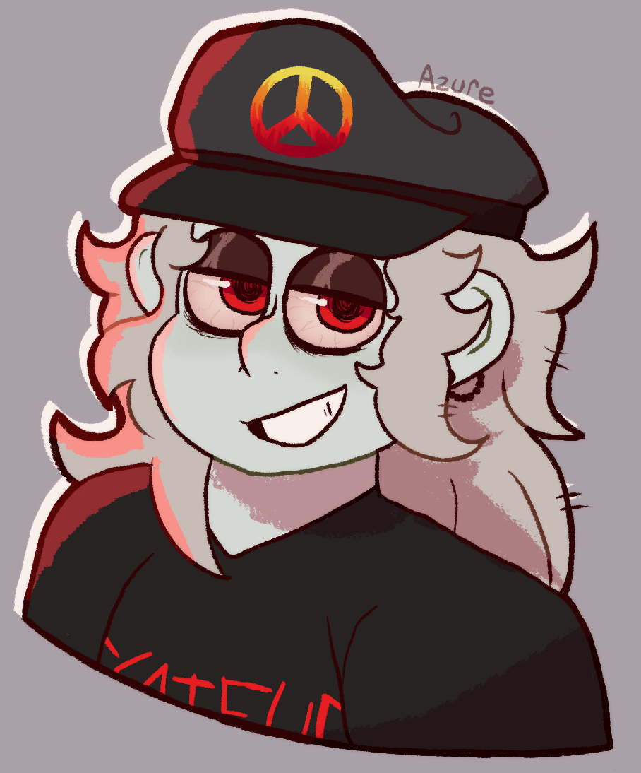 Art of a man with wide pupils, bloodshot eyes, long gray hair, and a black army cap with a peace sign on it.