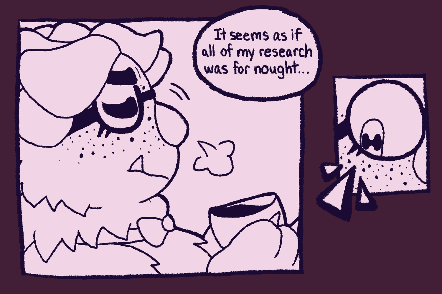 In one panel, Floofty holds their coffee, sighing, with text in a speech bubble saying, 'It seems as if all of my research was for nought...' A closeup of their eyes in the next panel indicates them noticing something.