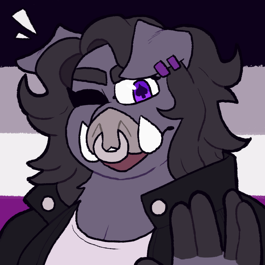 An icon of an anthro pig winking and holding a hand up at the viewer, with an asexual pride flag as the background.