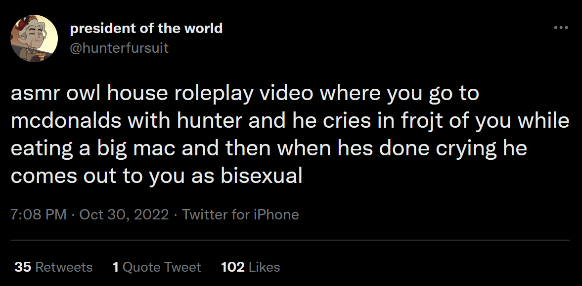 A Tweet from @huntersfursuit that says, 'ASMR Owl House roleplay video where you go to McDonald's with Hunter and he cries in front of you while eating a Big Mac and then, when he's done crying, he comes out to you as bisexual'