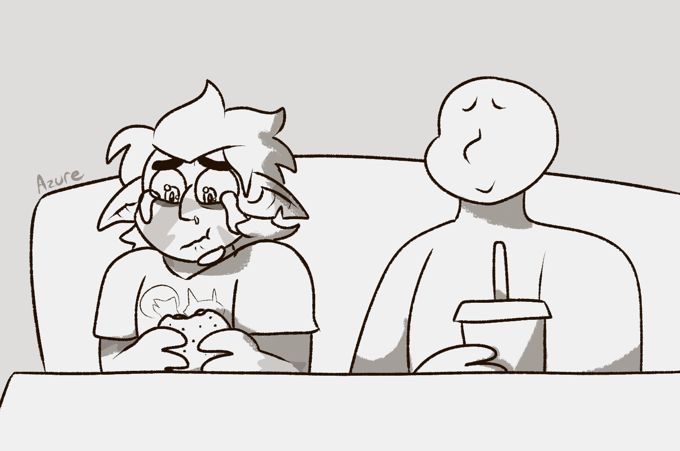 Black-and-white art of Hunter and a person with no features, intended to act as a blank slate, sitting at a table. Hunter is crying and eating a burger with his shoulders bunched up, his ears drooping down, and a little bit of snot running down his face. He's looking down at his food as he eats.