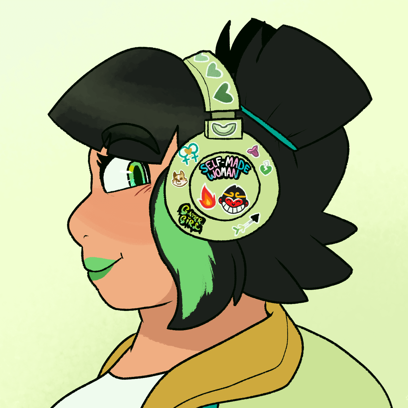 LEGO Monkie Kid fanart of Mei wearing green headphones. It's a side view, and she's grinning at the viewer. Her headphones have a number of stickers on it, including ones of hearts, a double venus symbol, an aro pride sticker, the phrase 'self-made woman' with the trans pride colors, a corgi, and the phrase 'gamer girl'. In the middle of the visible ear cover to our side, there is a sticker of the smiling monkey symbol from MK's jacket, and a flame.