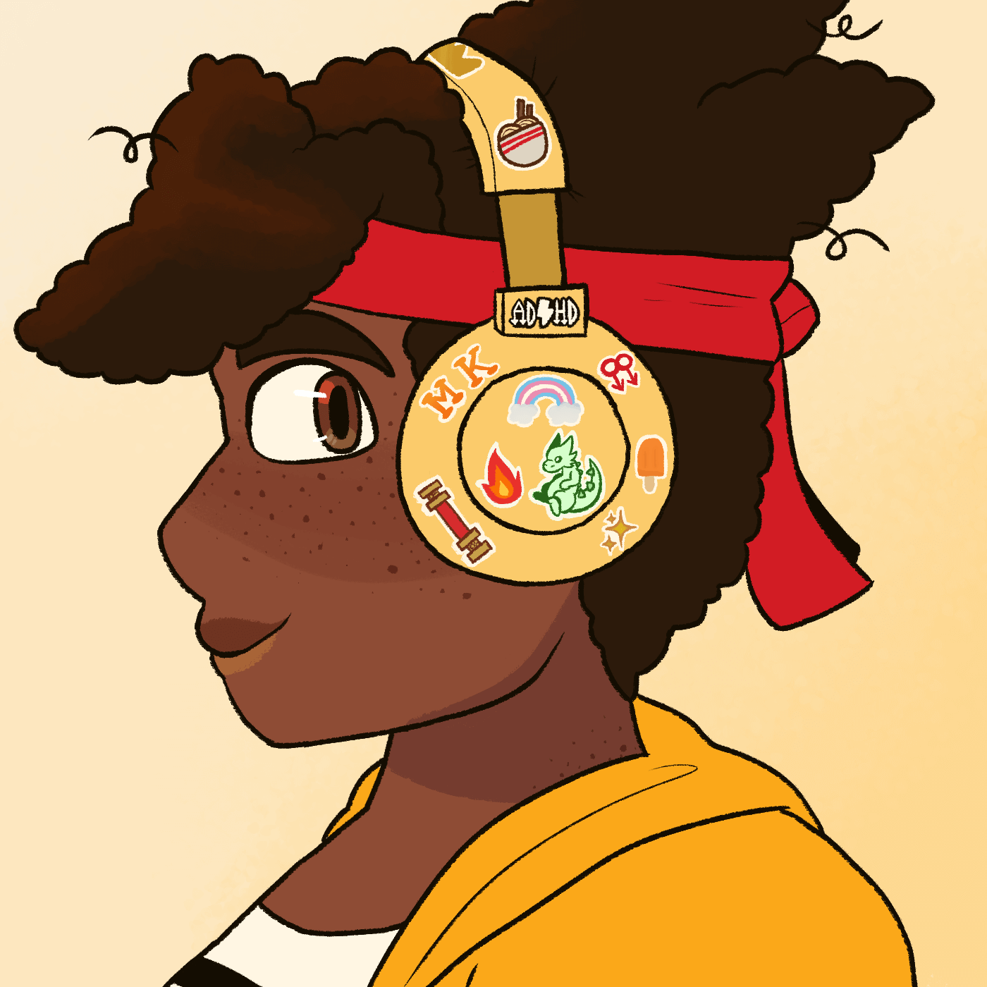 Fanart of MK wearing yellow headphones. It's a side view, and he's grinning at the viewer. His headphones have a number of stickers on it, including ones of a crown sticker near the top, a bowl of noodles, 'ADHD' in the style of ACDC's logo, a double mars symbol, a trans flag in a rainbow shape, an M and K sticker right next to each other, and a sticker of the golden staff. In the middle of the visible ear cover to our side, there is a sticker of a flame, and a green dragon.