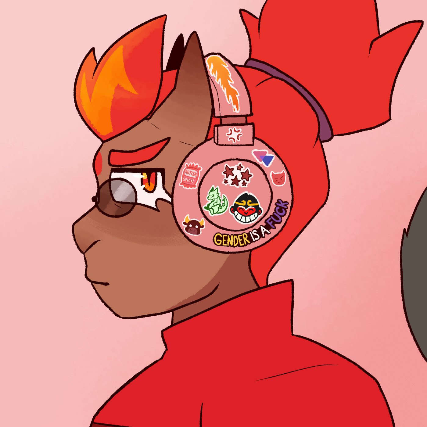 Fanart of Red SOn wearing red headphones. It's a side view, and he's frowning at the viewer. His headphones have a number of stickers on it, including ones of bull, a vein often used to symbolize anger, the bisexual triangles, one that says 'gender is a fuck' in nonbinary pride colors, and a sauce packet that says 'autism' on it, with a label underneath calling it spicy. In the middle of the visible ear cover to our side, there is a sticker of the smiling monkey symbol from MK's jacket,, and a green dragon.