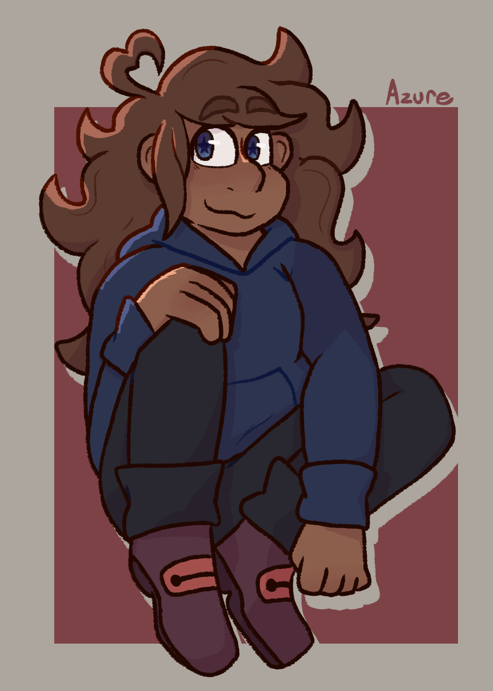 Art of a dark-skinned girl in a blue hoodie and jeans, sitting with one leg up and the other down. One hand is on the knee that's up. They have star shaped pupils.