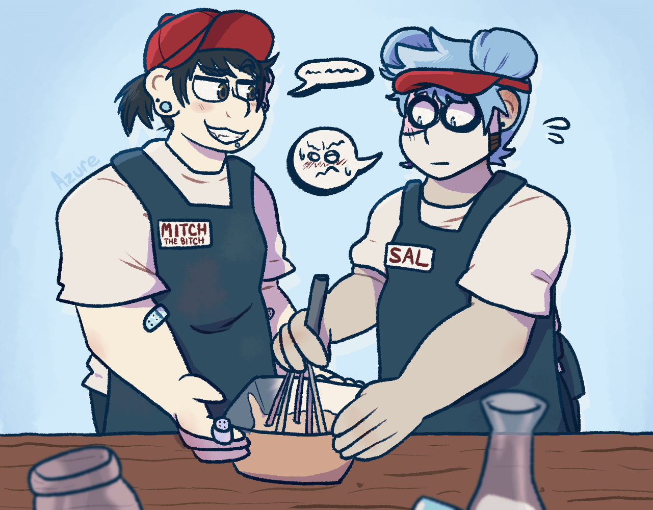 Sally Face AU fanart of an OC and Sal working to mix badder together, with the OC flirting with Sal, who is flusteredly trying to focus on the task at hand.