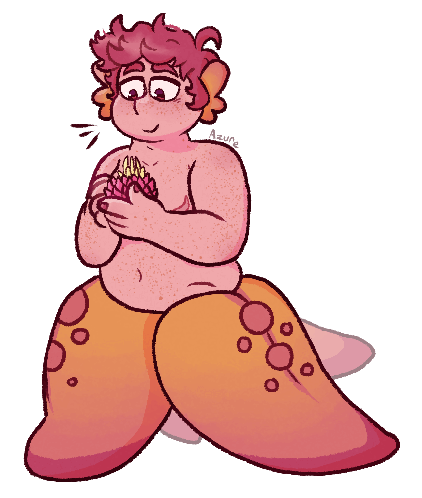 Art of a starfish merman with fin-like ears, top surgery scars, and freckles all over holding a type of underwater flower.