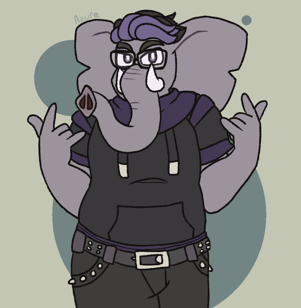 Art of an anthro elephant in a black and purple outfit. He has glasses, a short-sleeved hoodie, and a studded belt and studded pockets on his jeans. He's doing the 'rock on' hand symbol with both hands.