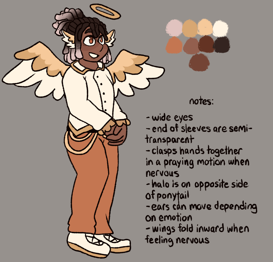 Art of a black angel with locs that are tied back into a ponytail. His hair is black, but fades to pink. He's wearing a gold and white button-up shirt, gold pants, and gold and white lace-up shoes. He has feather-like nonhuman ears, a halo, and angel wings. Text next to him reads, 'Notes: wide eyes. Ends of sleeves are semi-transparent. Clasps hands together in a praying motion when nervous. Halo is on the opposite side of ponytail. Ears can move depending on emotion. Wings fold inward when feeling nervous.