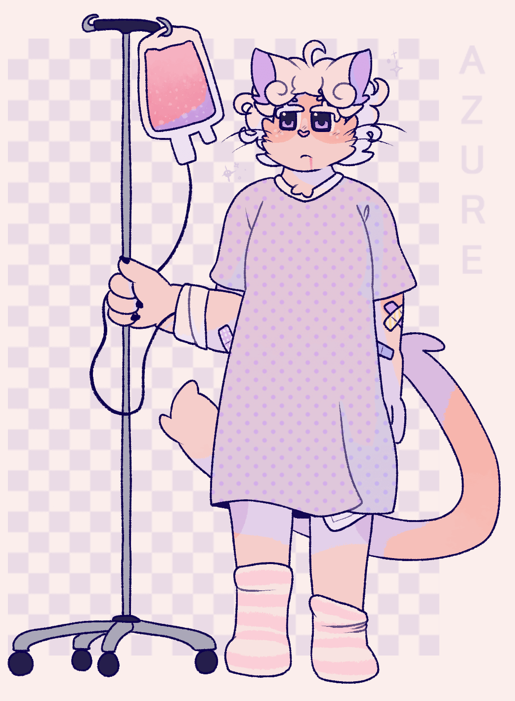 Art of Bede from Pokemon as an anthro cat, in pastel colors. He's in a polka dotted hospital gown, and holding a standing IV poll with pink liquid inside of it. Blood the same pink color is coming out of his mouth like drool, but he doesn't seem to care. The IV is connected to his arm, underneath a wrapped bandage, and he has cute, patterned bandaids on his arm. He has a patch bandaid on his legs, and striped socks, with one drooping down further than the other.