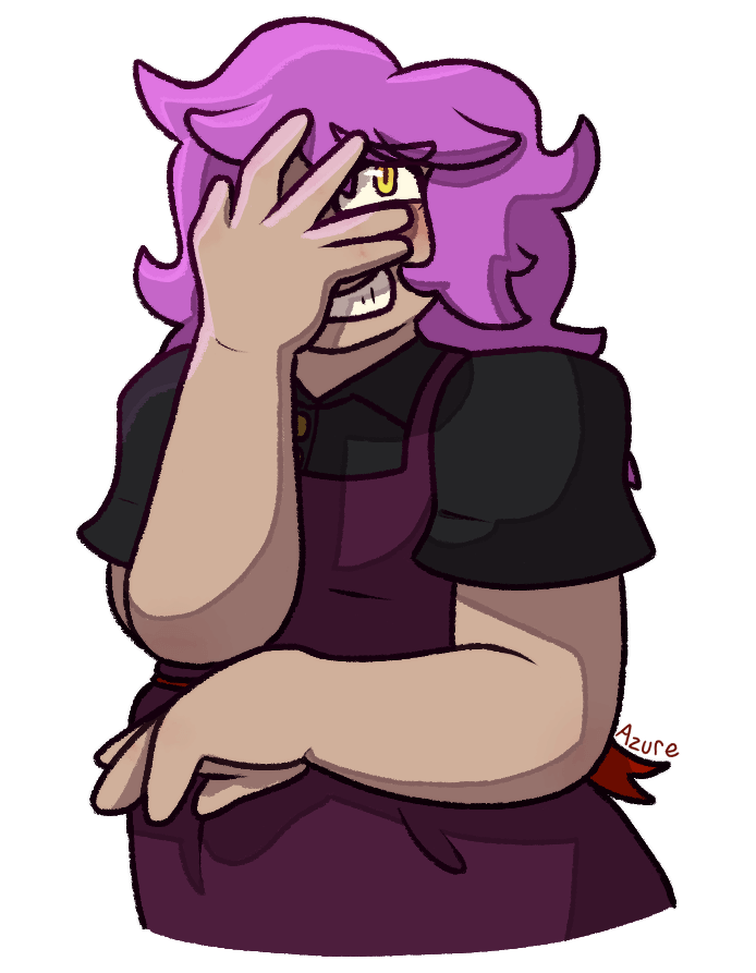 Art of a woman with purple hair and a purple dress over a black shirt. She's covering one eye with her hand, and the other eye is peaking out between her fingers as she grins wickedly.
