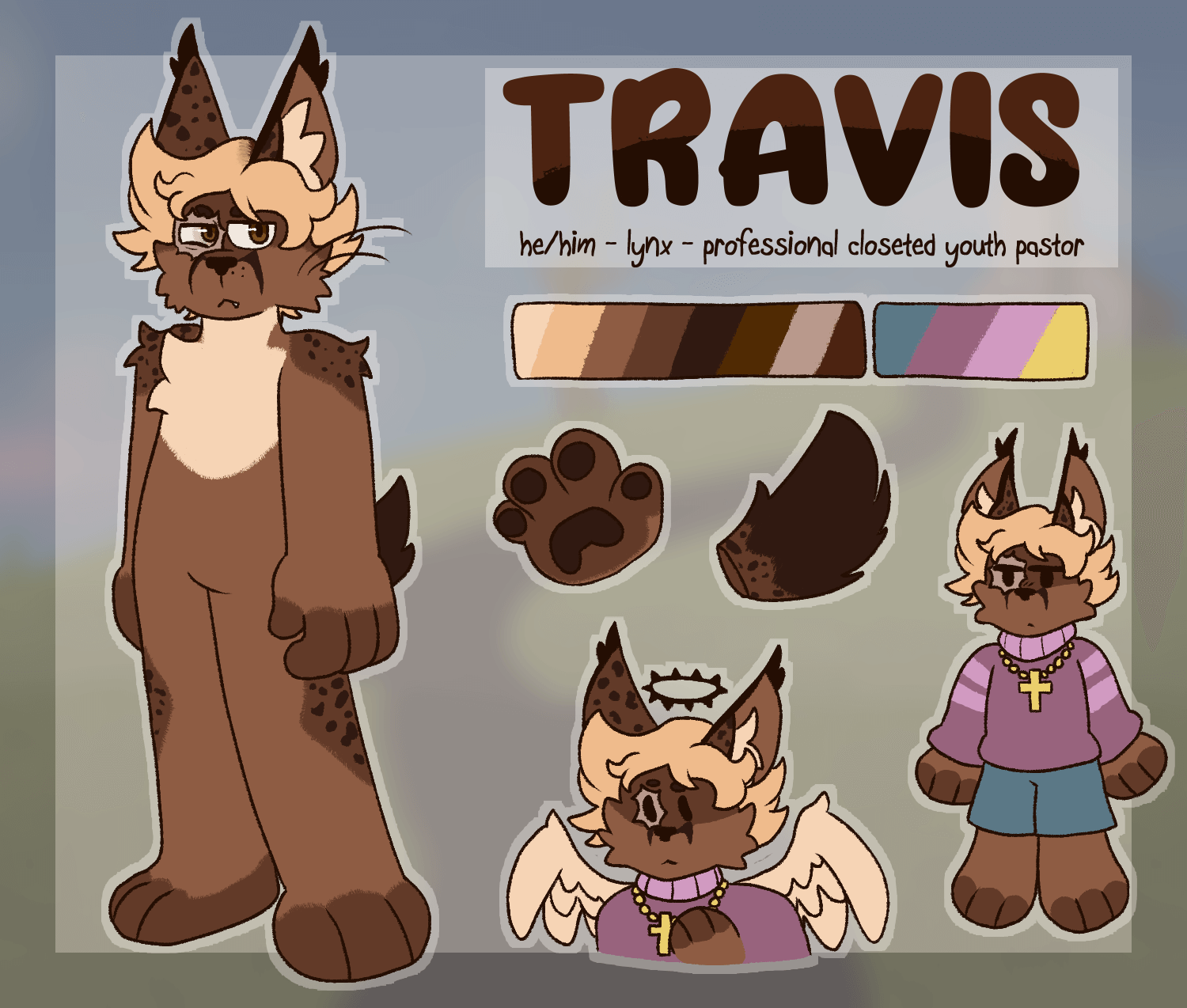 A reference sheet of an anthro lynx character based off of Travis Phelps from Sally Face. It shows him without clothes to show his markings, with clothes, with a thorned black halo and white wings, and close-ups of his paw and tail. Text next to him reads, 'Travis', then in smaller lettering, 'he/him, lynx, professional closeted youth pastor'.