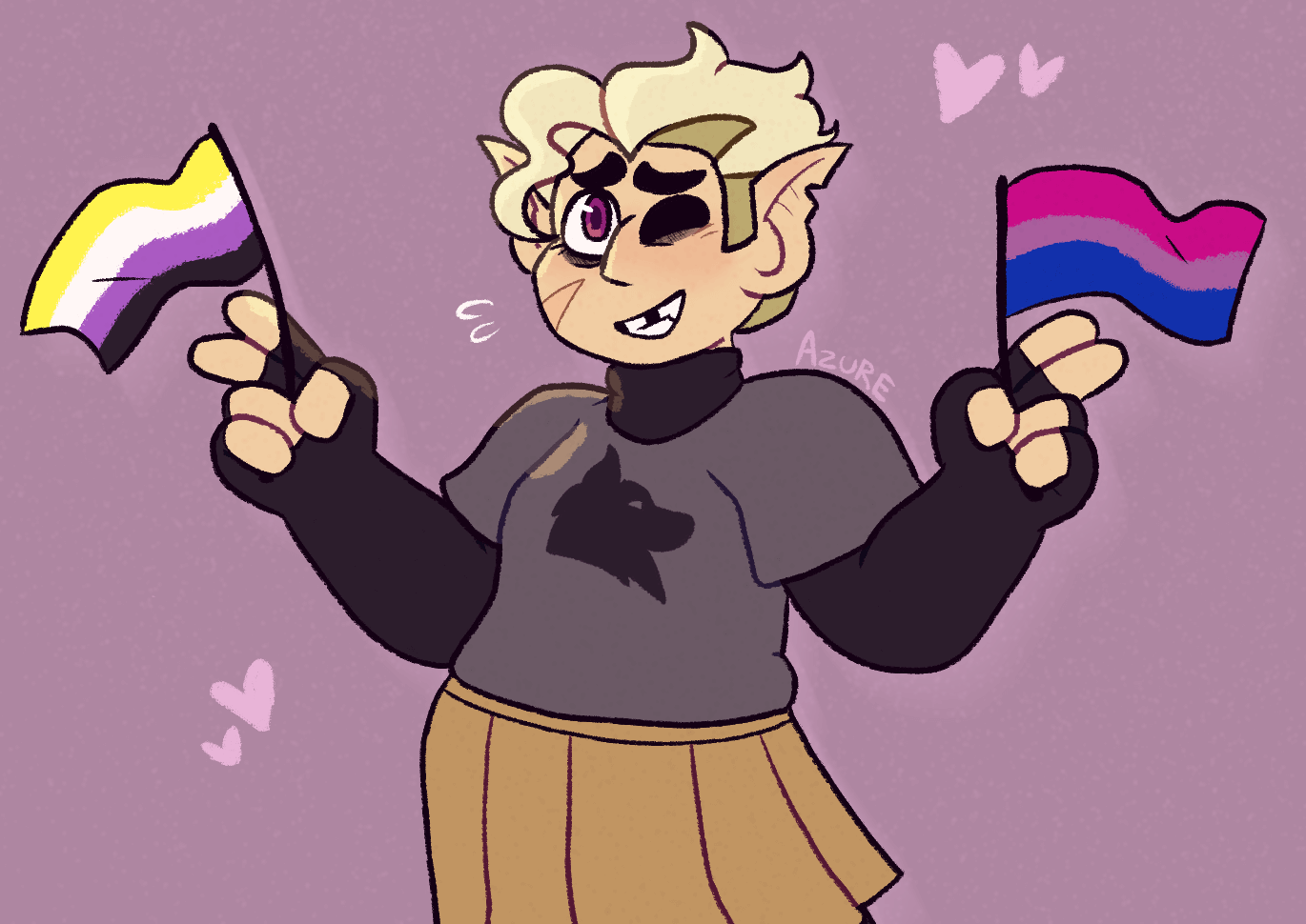 The Owl House fanart of Hunter, wearing a black and gray wolf shirt and a yellow skirt. He's grinning and closing one eye, as he holds up small nonbinary and bisexual pride flags - one in each hand. He's surrounded by stylized hearts.