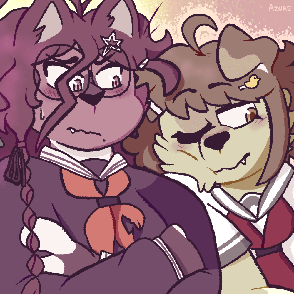 Art of Toko and Komaru from Danganronpa, with Toko as an anthro cat and Komaru as an anthro dog. Komaru is leaning against Toko, and relaxing against Toko's arm, almost leaning against her. Toko's arms are crossed, and she's blushing and looking at Komaru nervously.