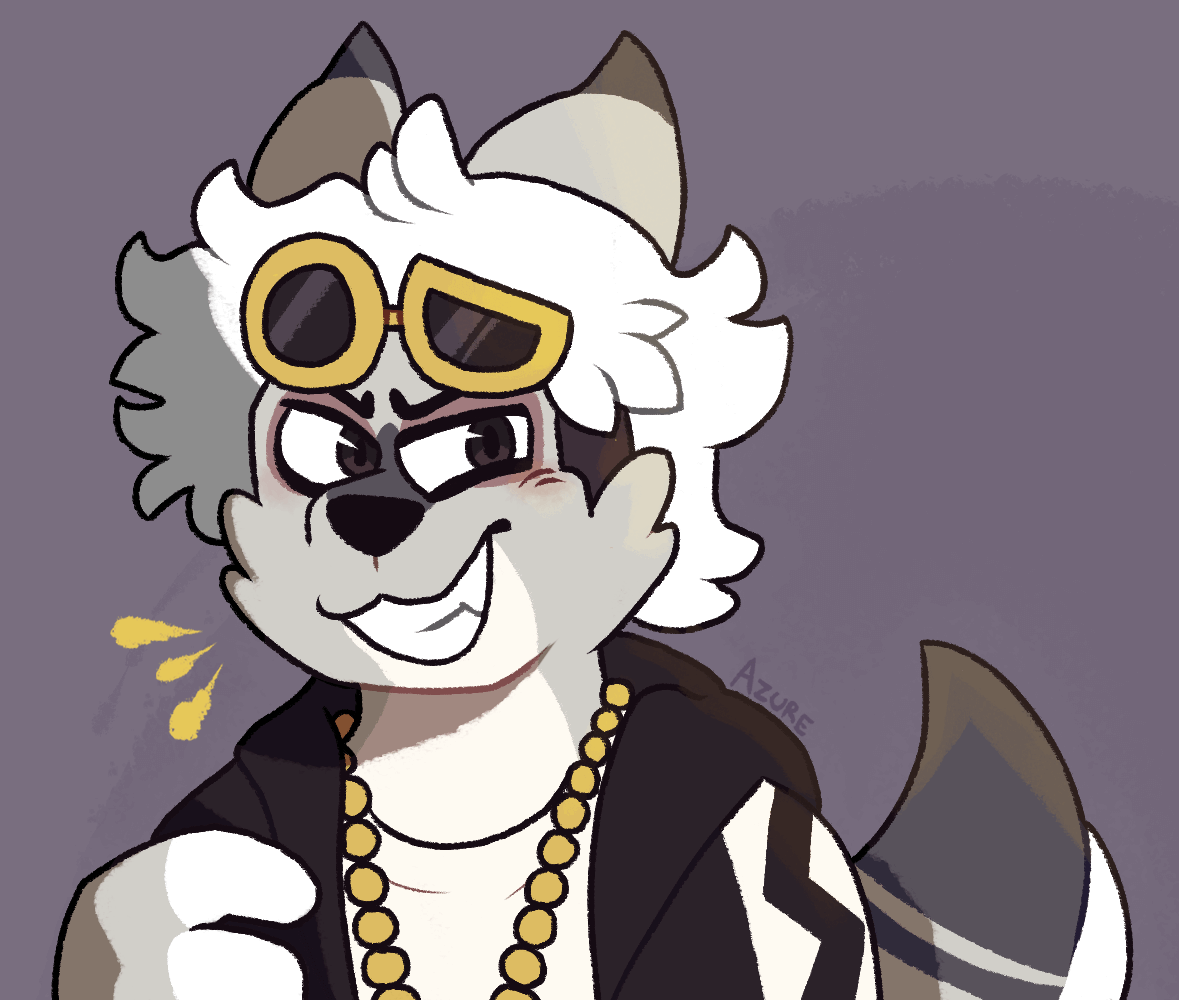 Art of Guzma from Pokemon, as an anthro wolf, smiling at the viewer and showing his fangs.