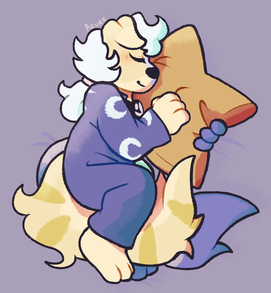Art of The Collector from The Owl House, as a two-tailed anthro dog. They're sleeping and holding a star-shaped pillow.