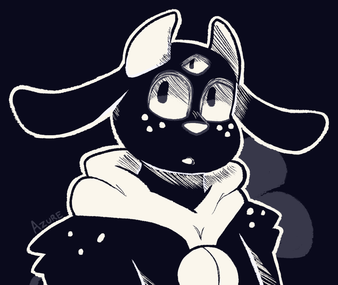 Art of a goat-like creature with big, long ears and a scarf. It is in black and white, with hatched shading.