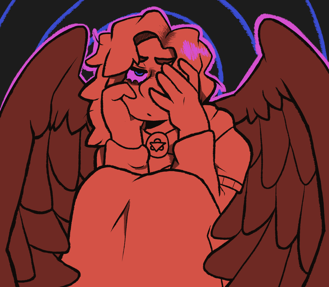 Sally Face fanart of Travis Phelps with a limited color palette. It is him as an adult, in his cult's uniform, with black fallen angel wings. He's sitting down, and is holding his own face, his right eye obscured by his hands.