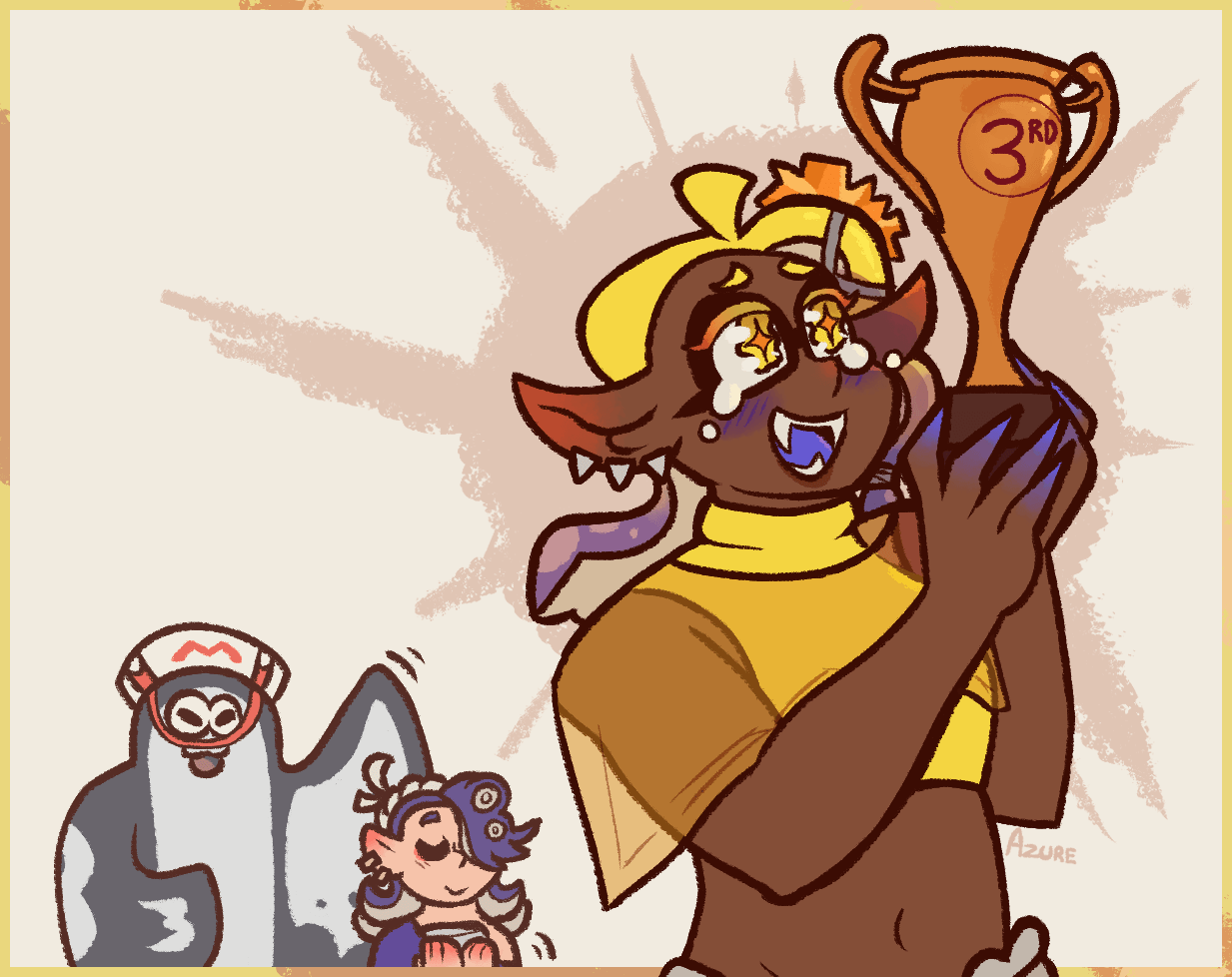 Splatoon fanart of Frye holding up a third-place trophy and crying out of happiness. Shiver and Big Man are applauding her in the background.