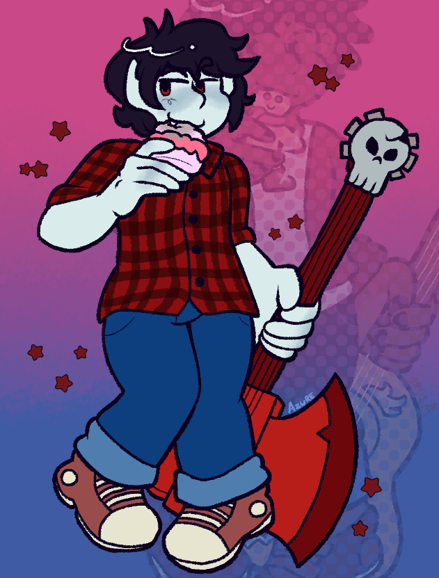 Fanart of vampire Marshall Lee, holding his axe guitar and sucking the red out of one of Gumball's cream puffs. The background is a saturated bisexual flag-colored gradient.