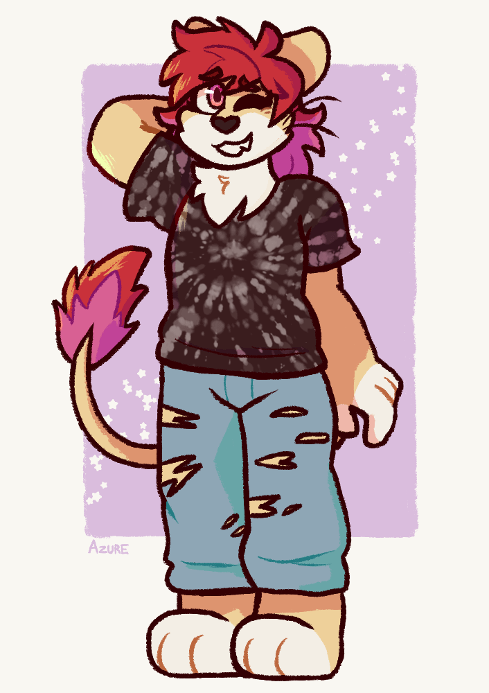 Art of an anthro lion with red and pink hair and a tie-dye shirt, shying bashfully. She has her hand behind her head.