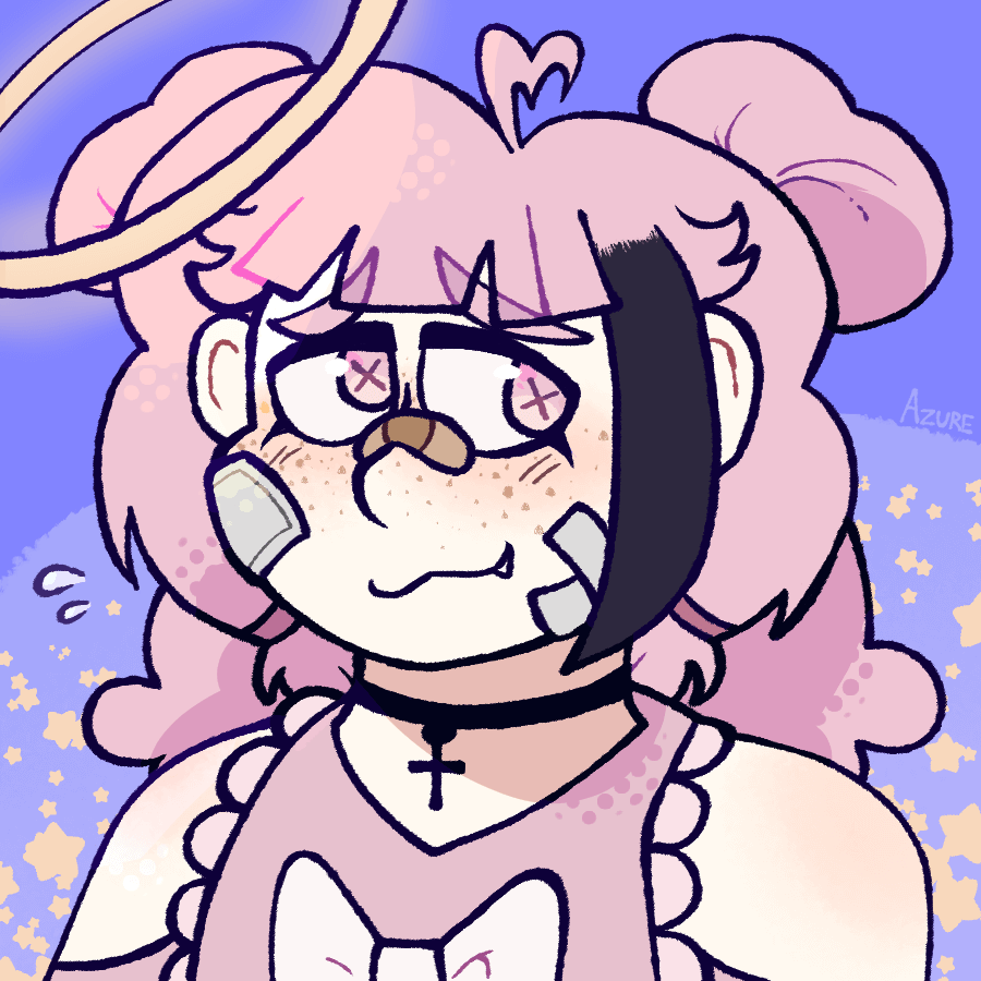 Art of a girl with a nervous expression and big, fluffy hair in buns. She's dressed in mostly pink, but has a black streak in her hair and a black cross choker. She has bandages on her face and a halo. The piece is done in mostly pastels.