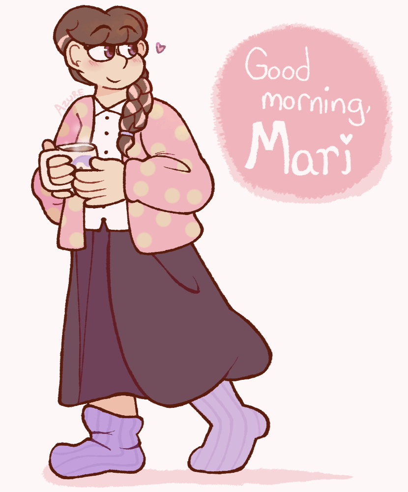 Dreaming Mary fanart, showing a fanmade design of Marie as a grown up. She has a pink jacket over a white button-up, a long skirt, and socks, with one sock drooping down. Her hair has pink streaks, and is styled into a braid. She is holding a cup with a penguin on it, which is full of tea, and is looking to text that says, 'Good morning, Mari'.
