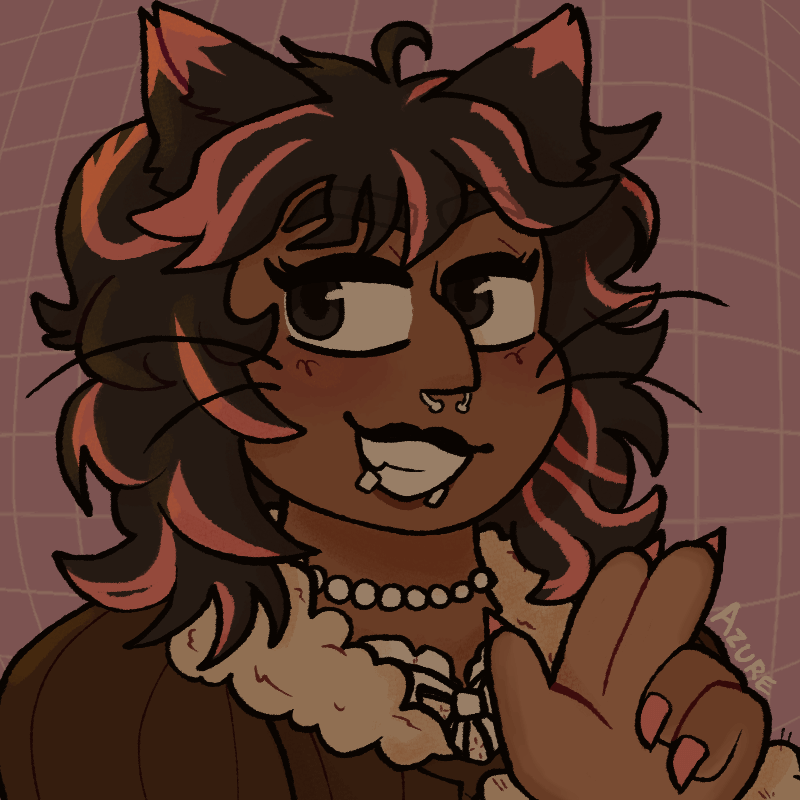 Art of a catgirl OC done with muted, brownish colors. She's grinning and showing off her fang as she does a peace sign at the viewer.