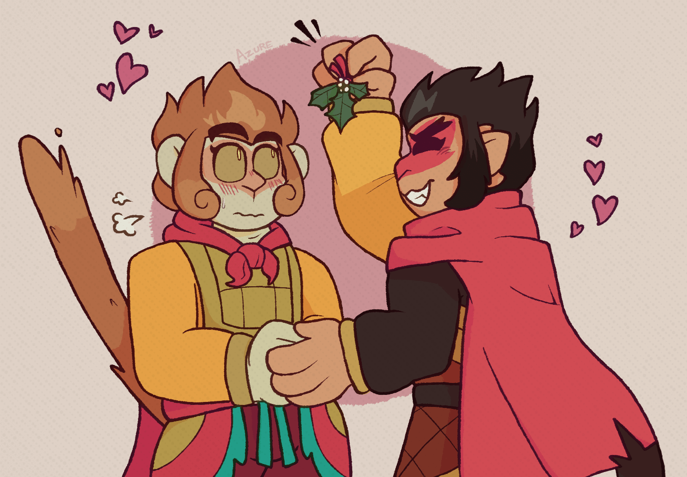 LEGO Monkie Kid fanart of Sun Wukong and Macaque, where Macaque is grinning and holding up a mistletoe above Sun Wukong. Wukong seemingly just noticed this, and is blushing while his tail puffs up in surprise.