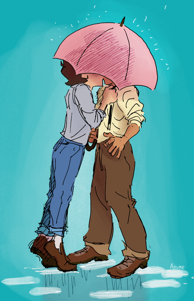 A colored version of McKenna's drawing of teen Luca and Alberto, from the Pixar movie Luca. Their heads are blocked by an umbrella, but they are visibly kissing, with Luca standing on his tiptoes and pulling Alberto in by his suspenders.