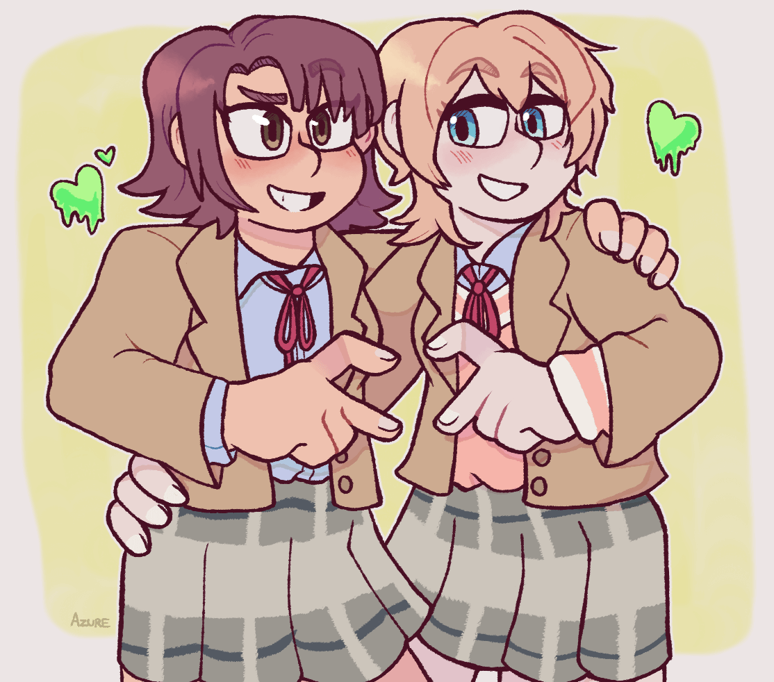 MILGRAM fanart of Muu and Rei. They are smiling and side-hugging each other, with each of them make half of a heart with their fingers. They are surrounded by green hearts that are stylized to be made out of slime, like Muu's first MV.