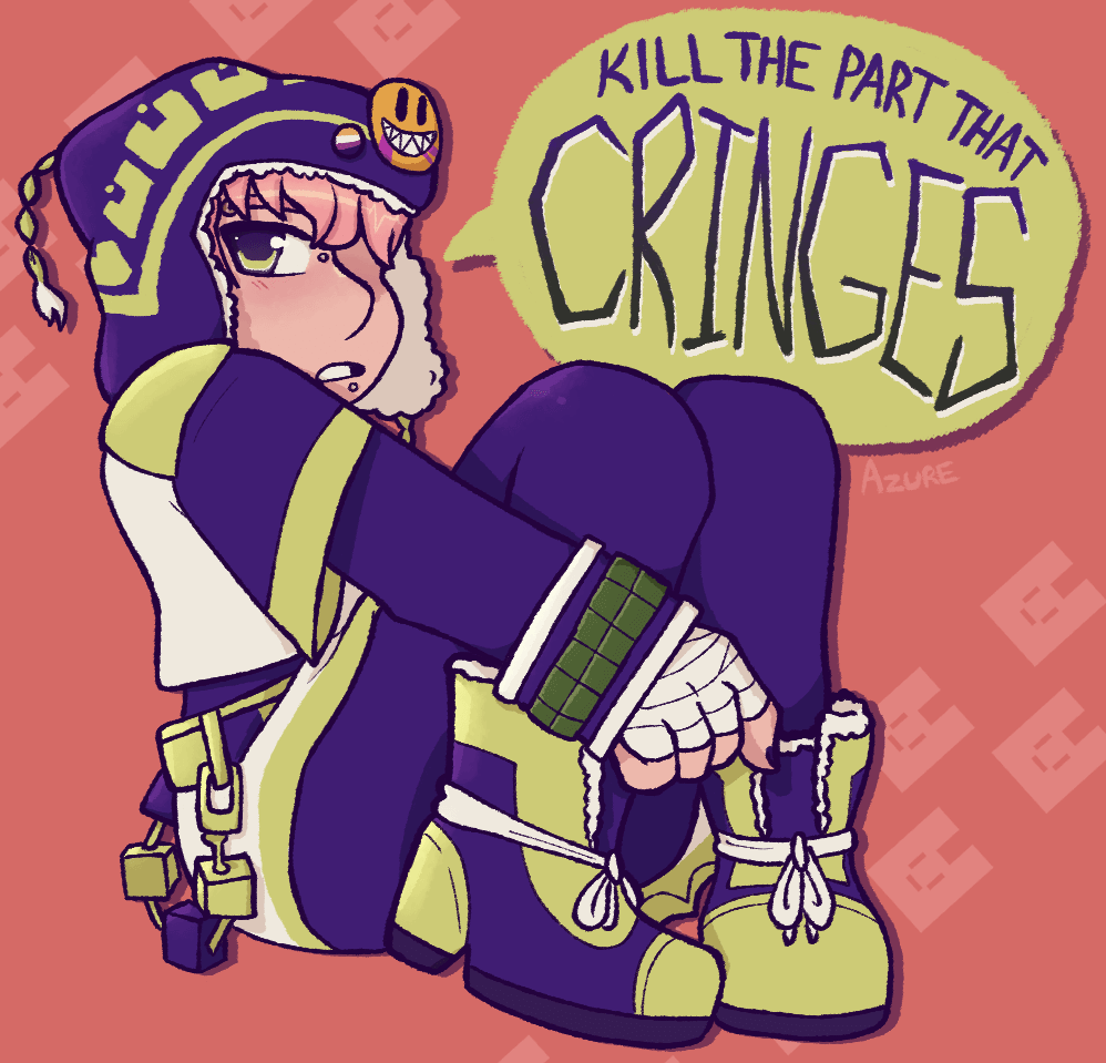 Dramatical Murder fanart of Noiz, posing. He has a skirt and tights on that match his usual outfit, and his eyes are drawn in the style of 2010s anime. A speech bubble next to him says, 'Kill the part that cringes'.