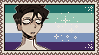 A Deviantart-style stamp with Vincent, looking to the side neutrally, in front of the gay man pride flag. There are sparkles next to him.