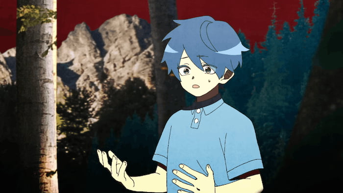 A screenshot from Weakness, after Haruka kills his dog. It is his child self, looking at his hands.