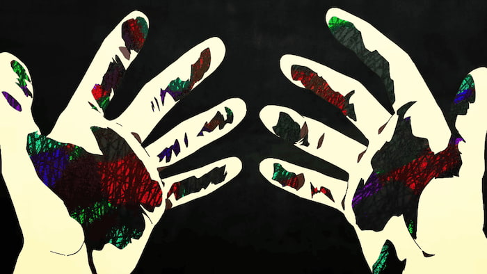 A screenshot from Weakness. It is the shot immediately following the previous, showing stylized blood on his hands.