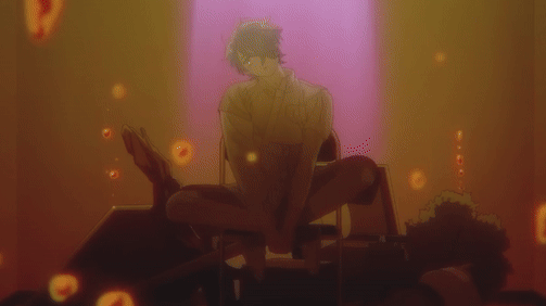 A gif of a clip from All-Knowing and All-Agony. Haruka is swaying side to side with his legs crossed on top of a chair. The side which his head is tilting is changing with his swaying. His arms are awkwardly hanging down in front of him.