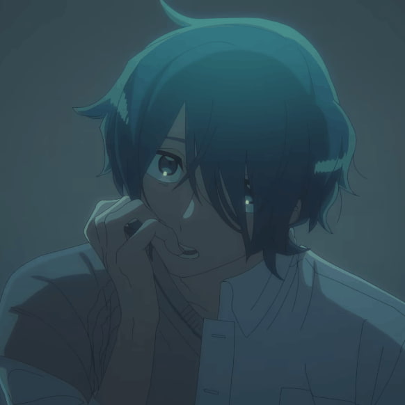 A screenshot from All Knowing and All Agony, where Haruka is holding a hand to his mouth, looking up and chewing on his pinkie finger's nail.