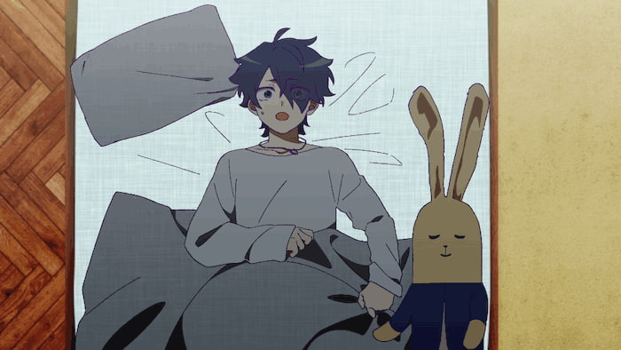 A screenshot of Weakness, showing Haruka waking up in his bed. He is sleeping with a plush bunny toy.