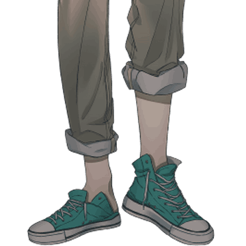 Haruka's trial 2 art, cropped in on his legs to show that his pant legs are rolled up unevenly, and his shoelaces are undone.