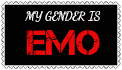 A black and red DeviantArt stamp that says, 'My gender is emo'